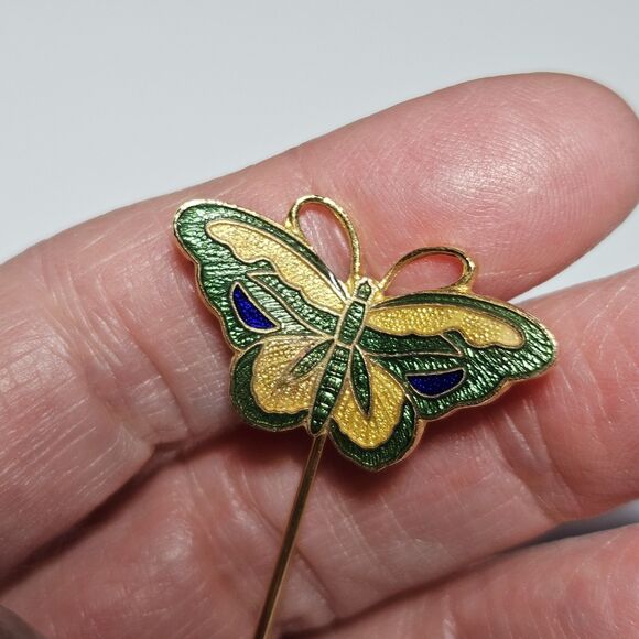 Gold Tone Yellow Green Cloisonne Butterfly Stick Lapel Hat Pin - Picture 2 of 11